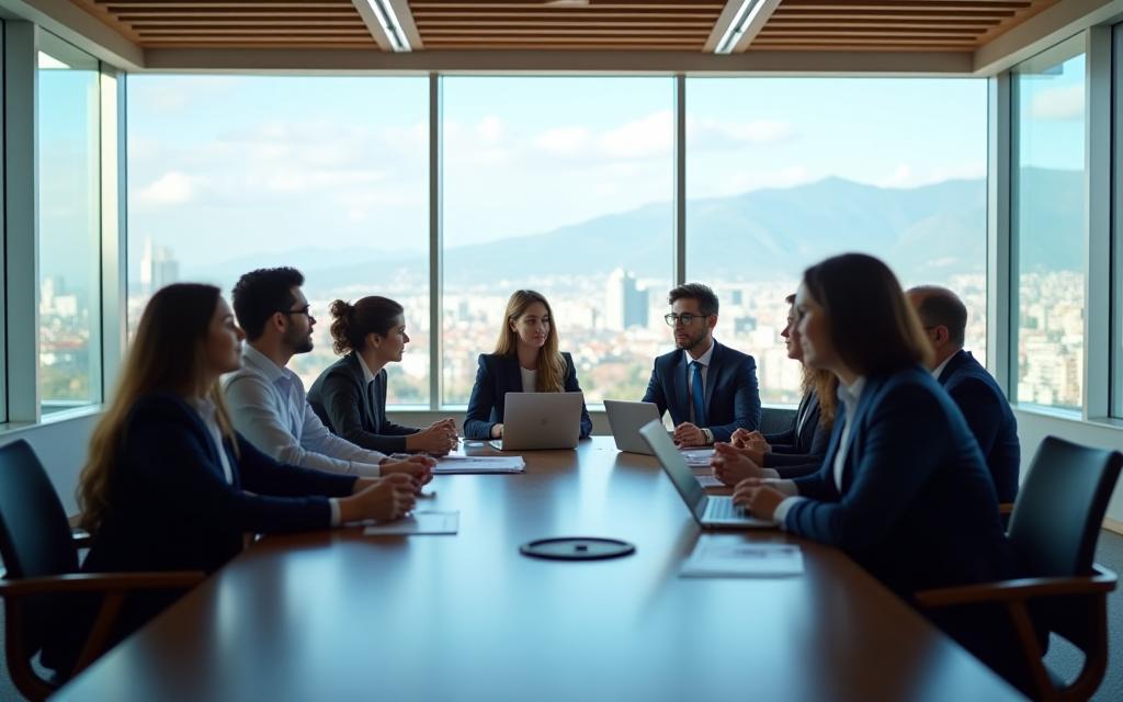 Un equipo de consultores reunidos en una moderna oficina con vista a la ciudad de Santiago, simbolizando estrategia y crecimiento.