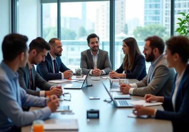 Profesionales chilenos colaborando en una mesa con un computador y documentos, mostrando confianza y colaboración.