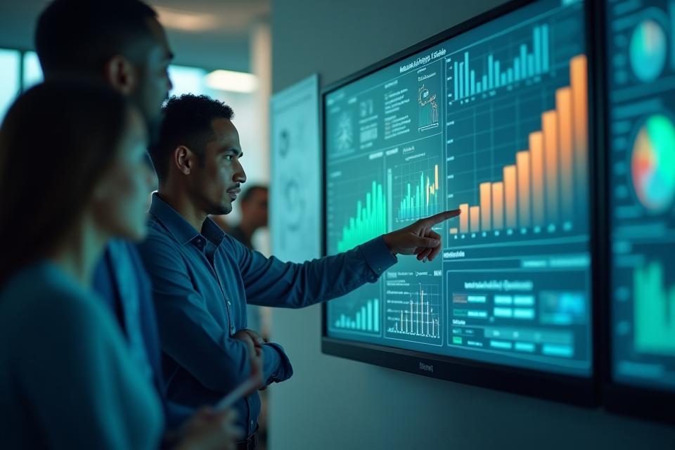 Un grupo de profesionales discutiendo un plan de negocios en una oficina moderna, con gráficos y pizarras de fondo, simbolizando estrategia y colaboración.