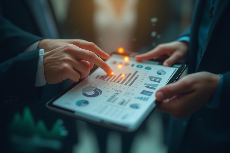 Manos de profesionales analizando documentos financieros y un gráfico de crecimiento, con iconos de personas y dinero flotando alrededor, simbolizando finanzas y recursos humanos.