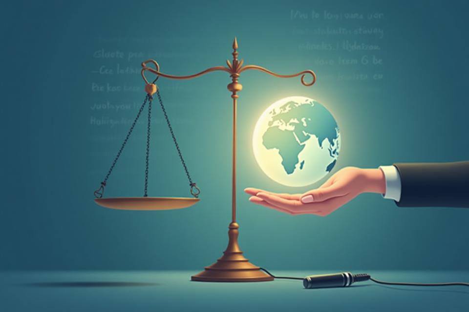 Una balanza de la justicia y un micrófono junto a una mano que sostiene un globo terráqueo, simbolizando consultoría legal y comunicación intercultural global.
