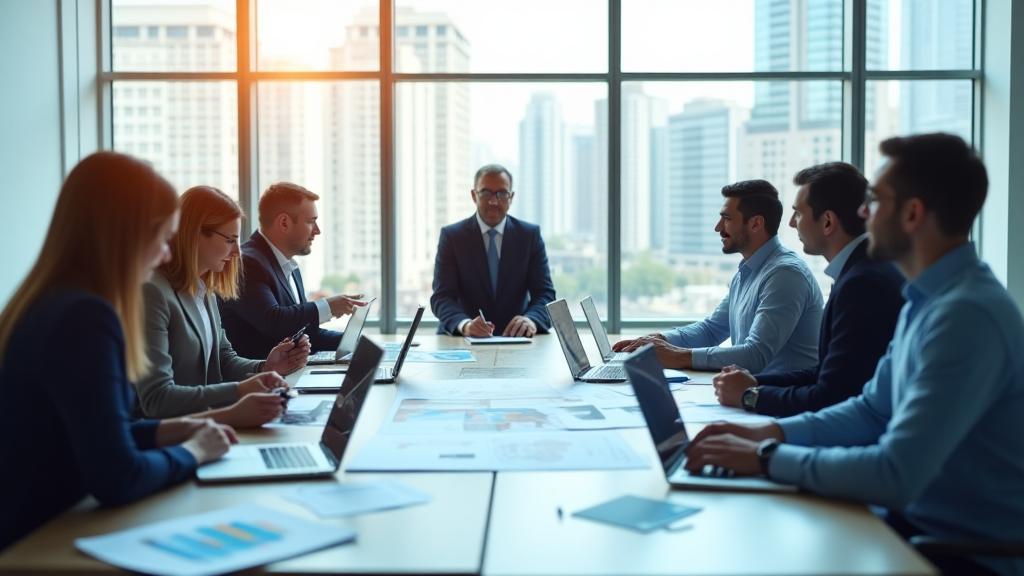 Un equipo diverso de consultores colaborando en una mesa de reuniones con gráficos y laptops, representando estrategia y colaboración empresarial.