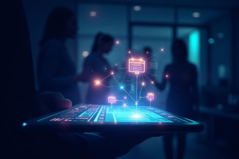 Iconos flotantes de tecnología como engranajes, código y un calendario sobre una imagen de un equipo trabajando con pantallas y gráficos de datos, representando transformación digital y gestión de proyectos.